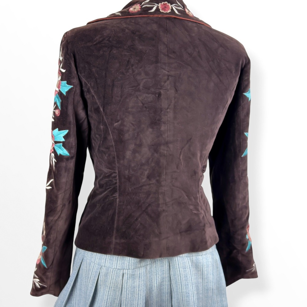 Vtg Cache Floral Embroidered Brown Velvet Fitted Blazer Jacket Sz 4 Y2K Western - Picture 12 of 12